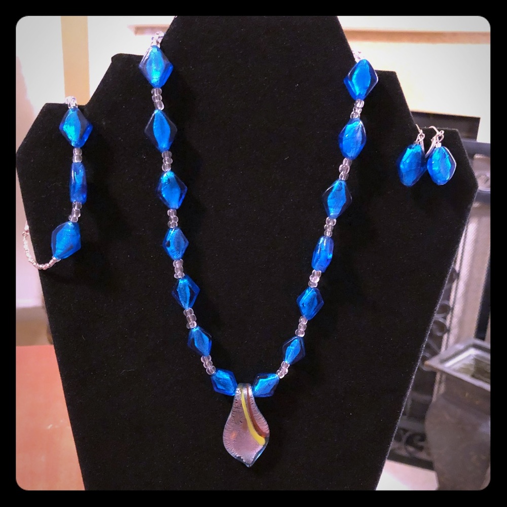 3pc blue glass bead jewelry set